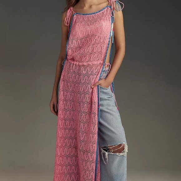 Anthropologie Crochet Side-Slit Tunic Pink and Blue Crochet Top - Picture 1 of 7